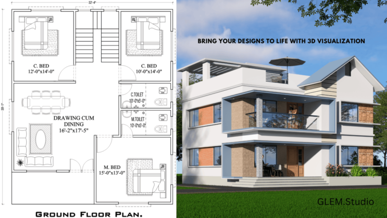 Split view of 2D architectural floor plan and photorealistic 3D render showing the power of 3D architectural visualization by Glem Studio